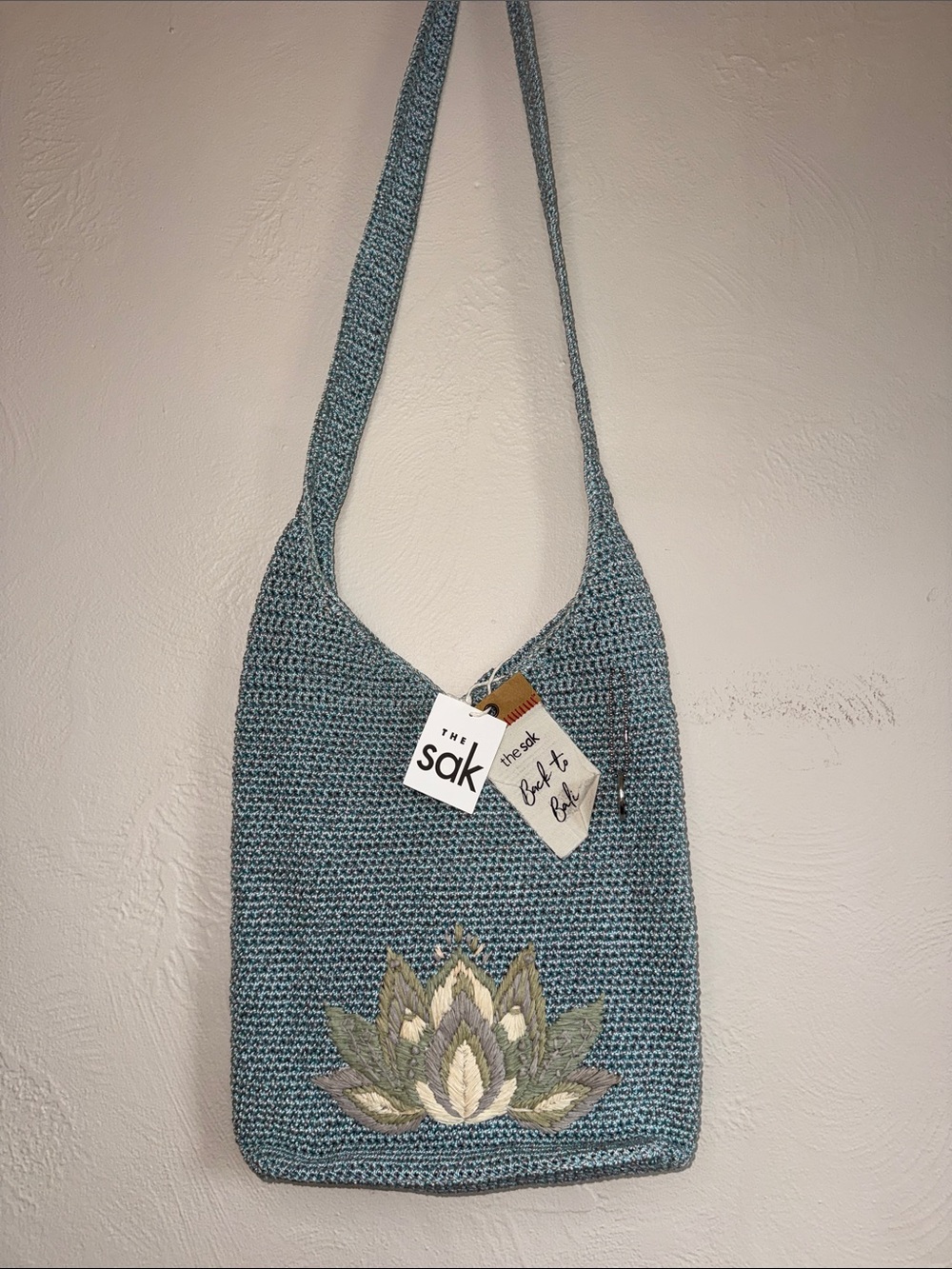 The Sak Bali Crochet Lotus Crossbody Bag NWT Handcrafted Blue Boho